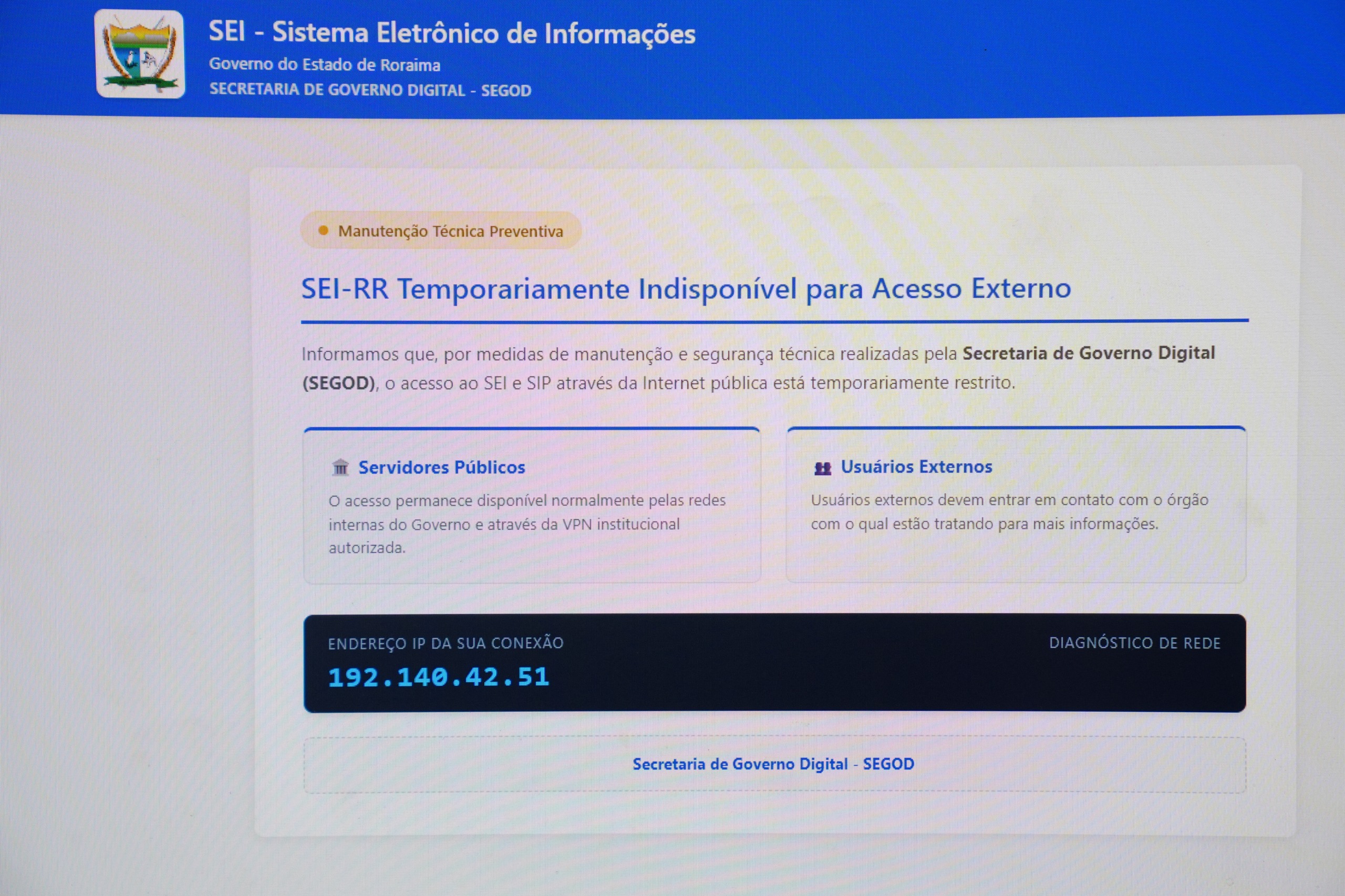 Acesso externo ao SEI é suspenso temporariamente para atualização de segurança