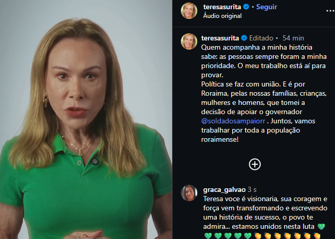 Teresa Surita declara apoio a Soldado Sampaio e amplia distanciamento de Arthur Henrique