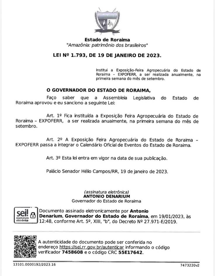 Reprodução da lei que transformou a expofeira num evento do calendário oficial de Roraima